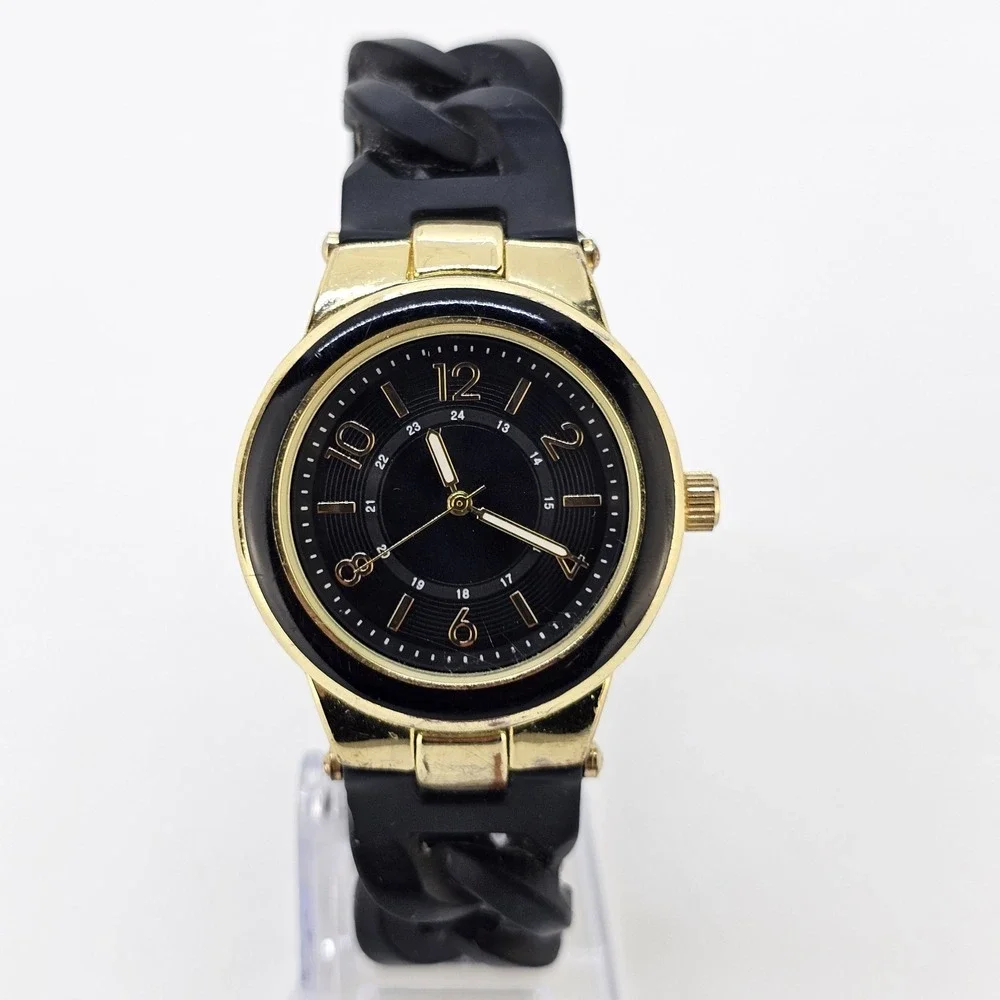 Women's Analog Watch 36MM Black Dial Black Plastic Bands NEW Battery